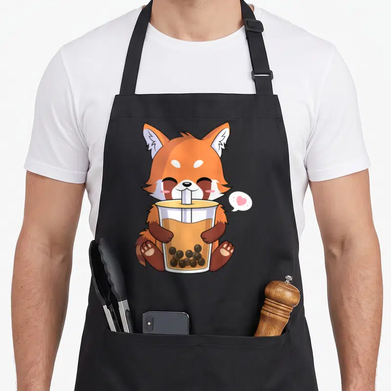 Panda anime apron - Cartoon red panda sitting holding bubble tea cup with pink heart speech bubble — shown on a black cotton canvas apron against a white background