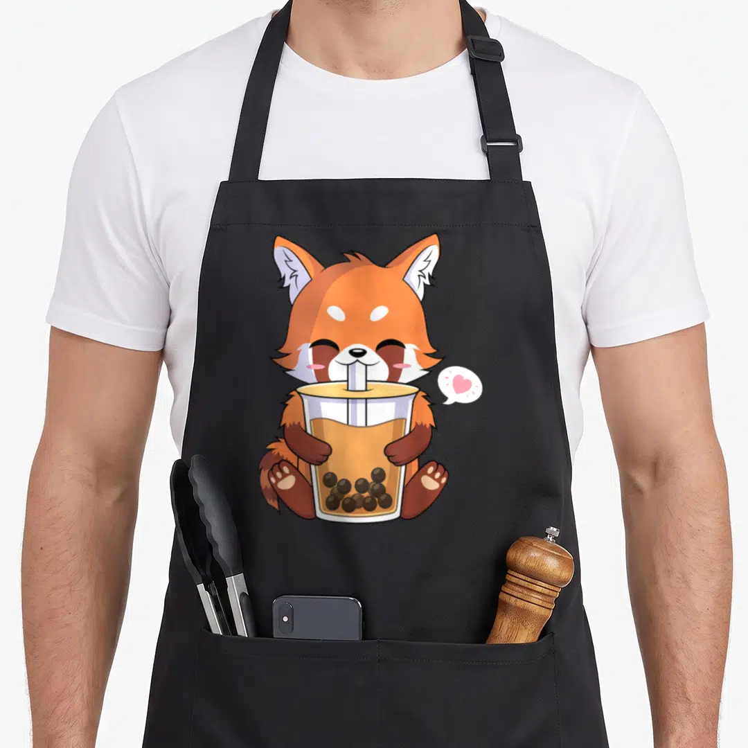 Panda anime apron - Cartoon red panda sitting holding bubble tea cup with pink heart speech bubble — shown on a black cotton canvas apron against a white background