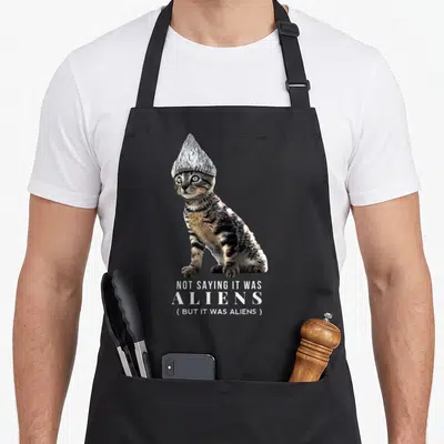 Tin cat apron - Kitten wearing silver tinfoil hat with white text NOT SAYING IT WAS ALIENS — shown on a black cotton canvas apron against a white background