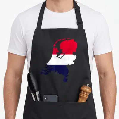 Map netherlands apron - Netherlands map silhouette filled with red white and blue flag colors — shown on a black cotton canvas apron against a white background