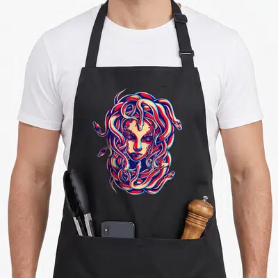 Mythology hair apron - Stylized cartoon Medusa head with snake hair in red blue and beige colors — shown on a black cotton canvas apron against a white background