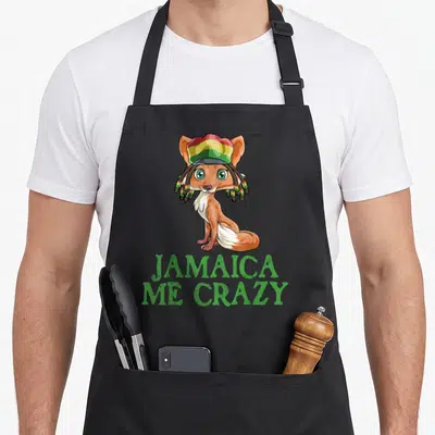 Jamaican hair apron - Cartoon fox wearing dreadlocks and hat above Jamaica Me Crazy text in green — shown on a black cotton canvas apron against a white background