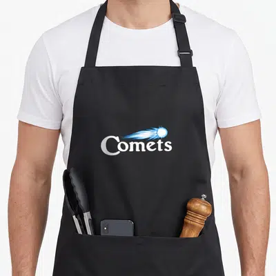 Comet football team aprons - Blue comet graphic flying right over white Comets text — shown on a black cotton canvas apron against a white background