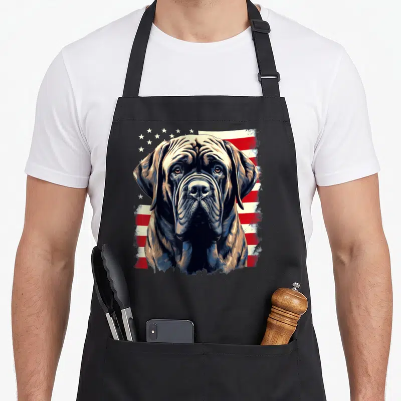 Mastiff 4th of july apron - Realistic brown mastiff head over distressed red white and blue flag — shown on a black cotton canvas apron against a white background