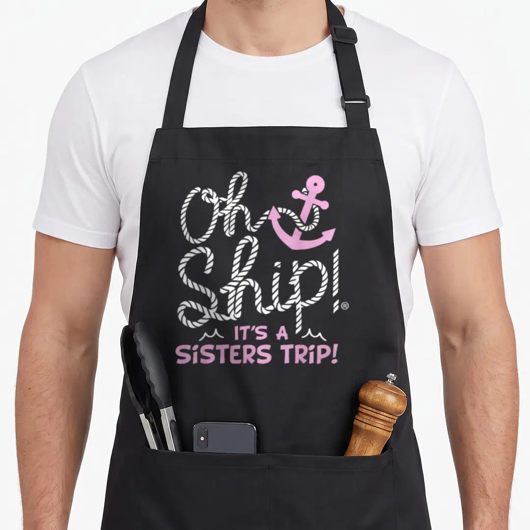 Ship trip matching apron - White rope lettering Oh Ship with pink anchor and Sisters Trip text — shown on a black cotton canvas apron against a white background
