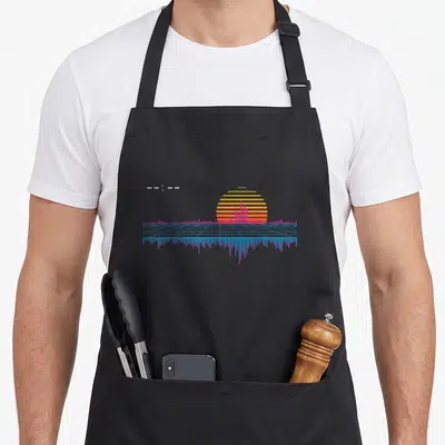 Synthwave retrowave apron - Striped sun on blue grid with mirrored audio waveform in yellow orange red blue purple — shown on a black cotton canvas apron against a white background