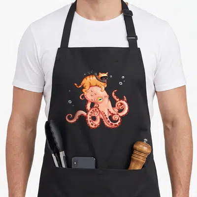 Octopus cat apron - Orange cat in scuba mask riding pink octopus with bubbles, cartoon art — shown on a black cotton canvas apron against a white background