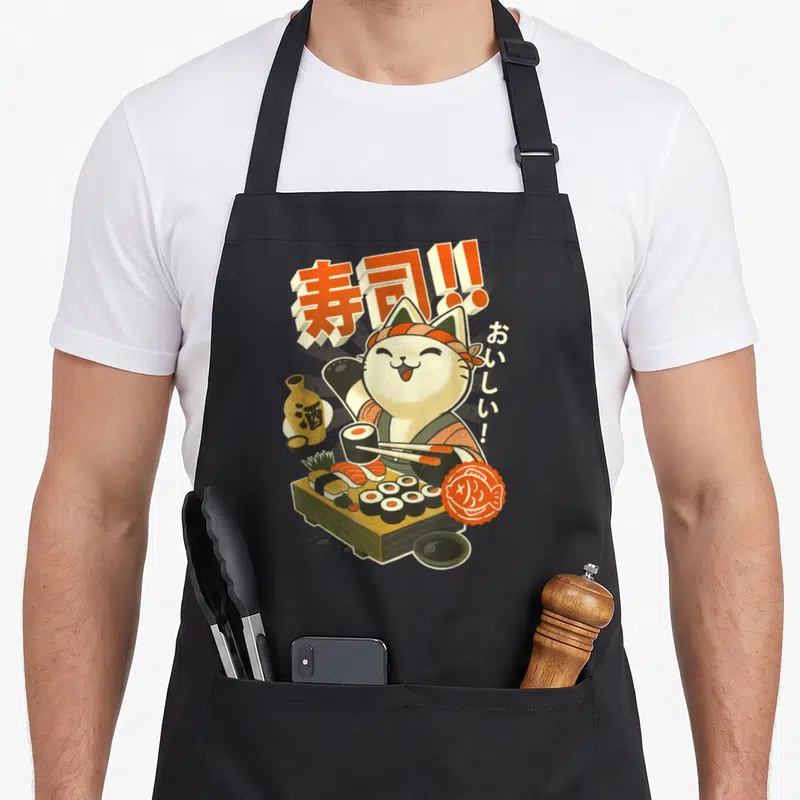 Cat sushi apron - Cartoon cat in kimono holding sushi chopsticks with orange Kanji text and sake bottle — shown on a black cotton canvas apron against a white background
