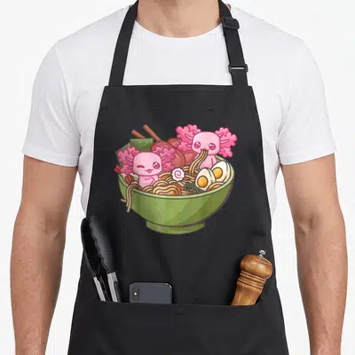 Bowl kawaii anime apron - Two pink axolotls in a green ramen bowl with noodles and eggs — shown on a black cotton canvas apron against a white background