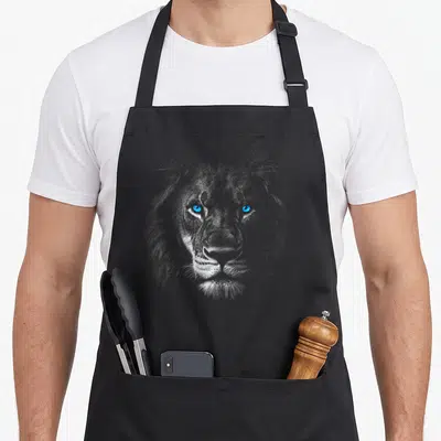 Motif lion apron - Line art lion head with blue eyes on black background — shown on a black cotton canvas apron against a white background