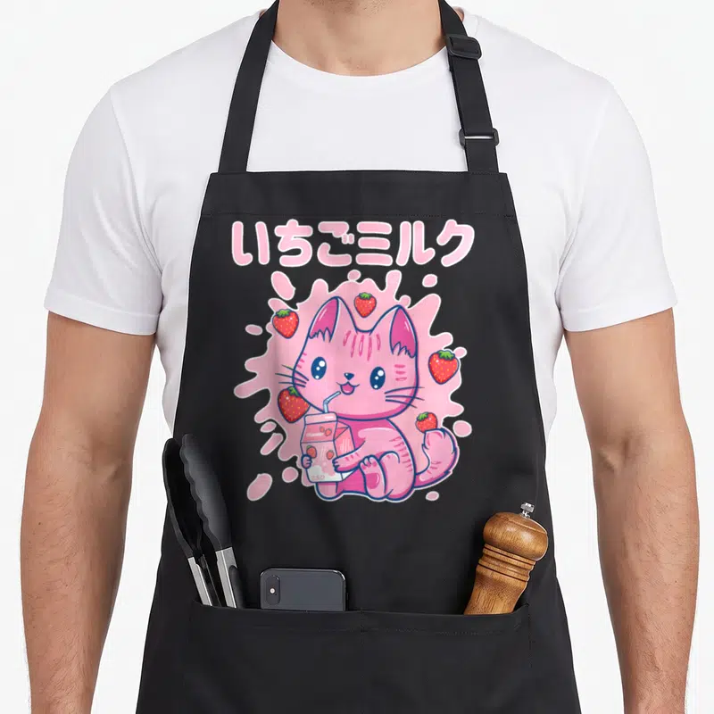 Chibi strawberry apron - Pink cat holding strawberry milk carton with Japanese text and scattered red berries — shown on a black cotton canvas apron against a white background