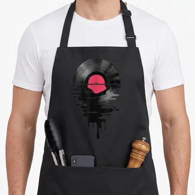 Music vinyl apron - Black vinyl record with pink center label melting into dripping liquid reflection — shown on a black cotton canvas apron against a white background