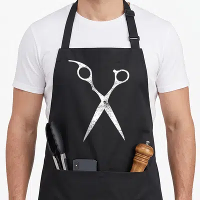Funny hairdresser apron - Distressed white open scissors centered on grey background — shown on a black cotton canvas apron against a white background