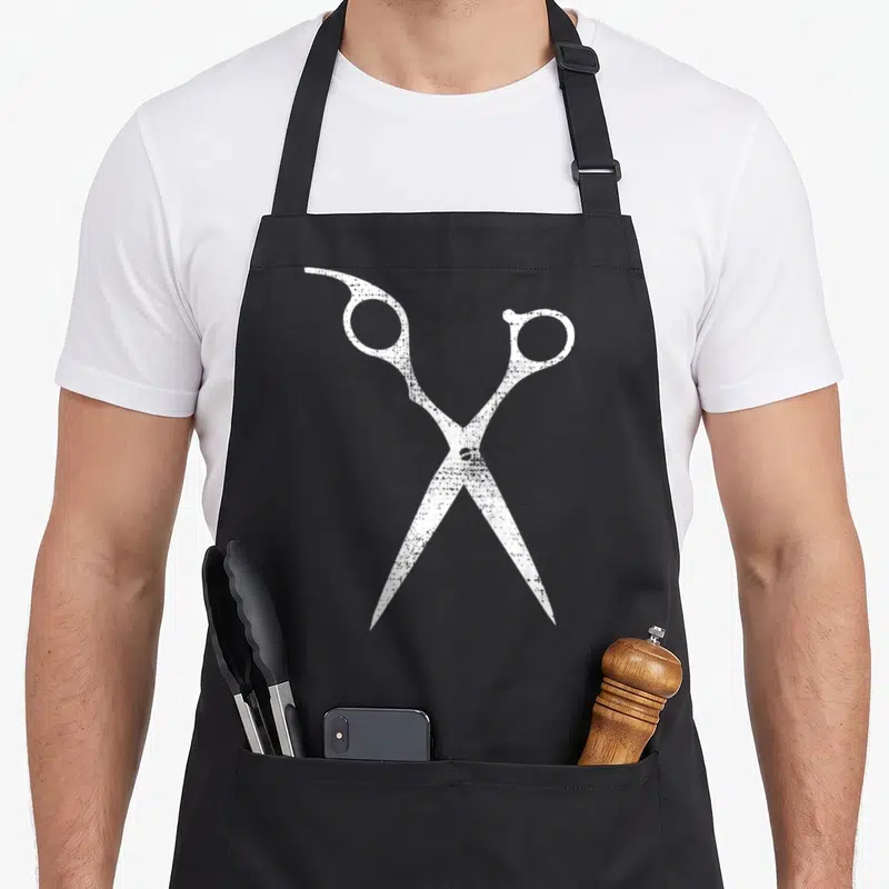 Funny hairdresser apron - Distressed white open scissors centered on grey background — shown on a black cotton canvas apron against a white background