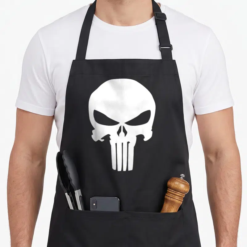 Punisher skull apron - White minimalist skull graphic centered on canvas fabric with two front pockets — shown on a black cotton canvas apron against a white background