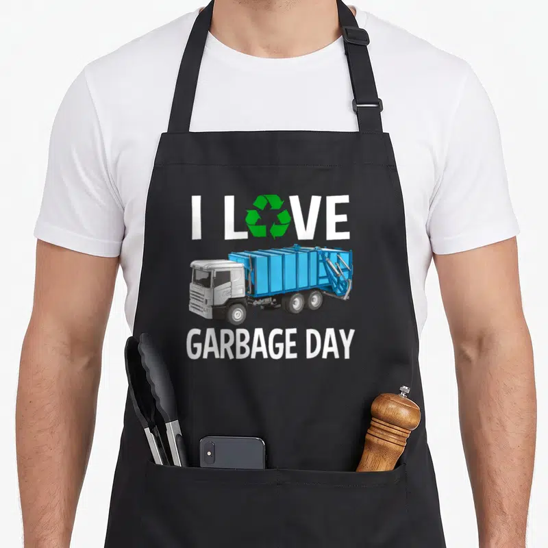 Recycle truck apron - I Love Garbage Day text with green recycle symbol and blue grey cartoon truck illustration — shown on a black cotton canvas apron against a white background