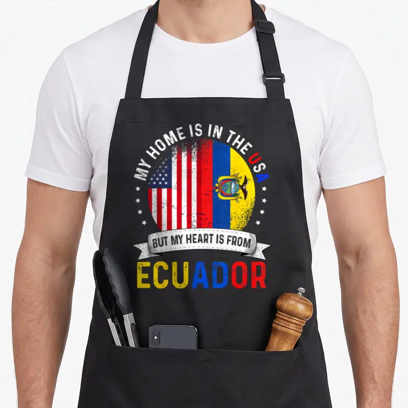 Ecuadorian patriot american flag apron - Distressed split US and Ecuador flag circle with arching text and ribbon — shown on a black cotton canvas apron against a white background