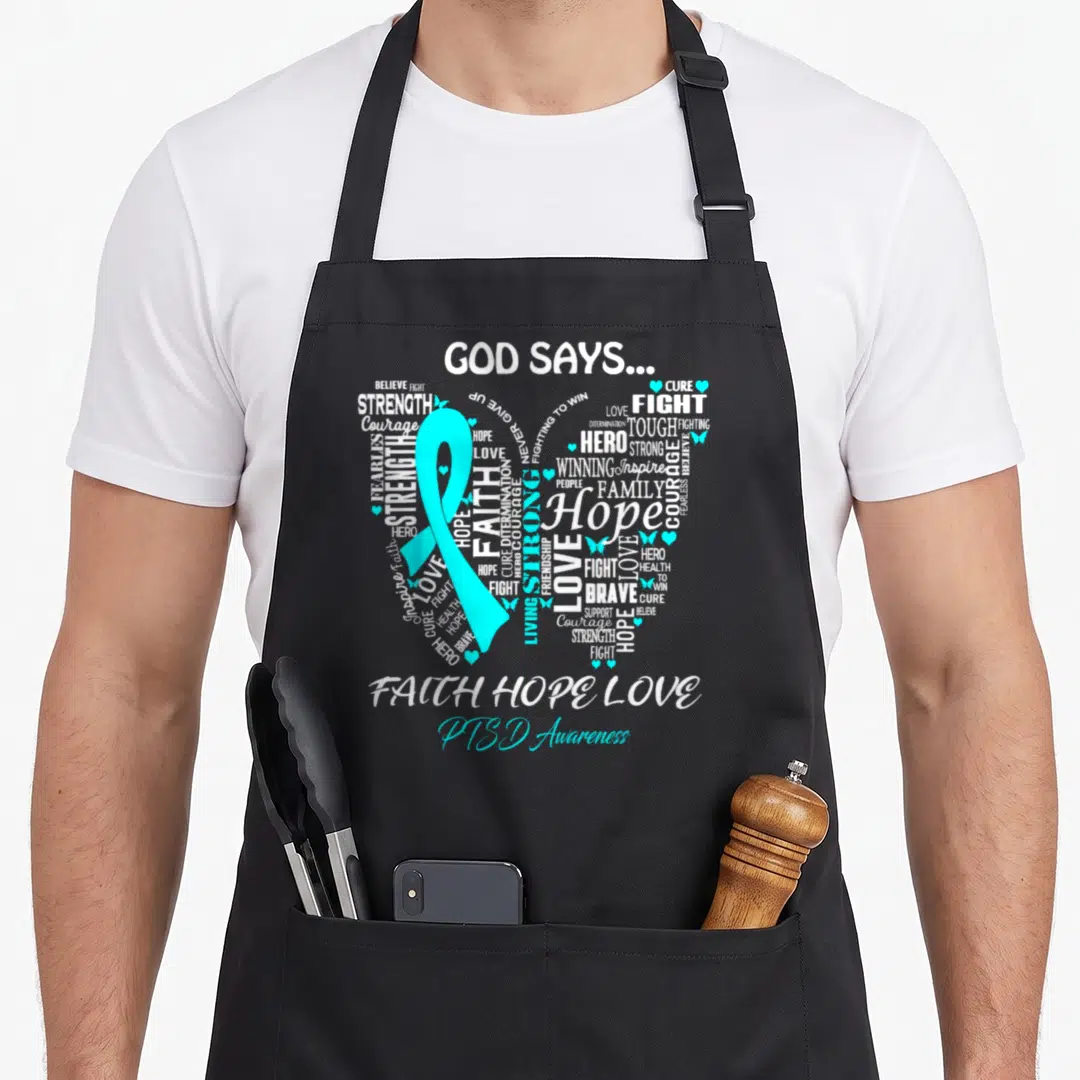 Faith hope butterfly apron - Cyan PTSD awareness ribbon inside white heart-shaped word cloud with inspirational text — shown on a black cotton canvas apron against a white background