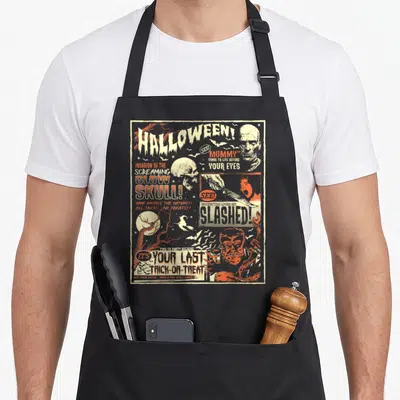 Poster horror movie apron - Retro horror poster collage with mummy skull knife and text in grey orange white — shown on a black cotton canvas apron against a white background
