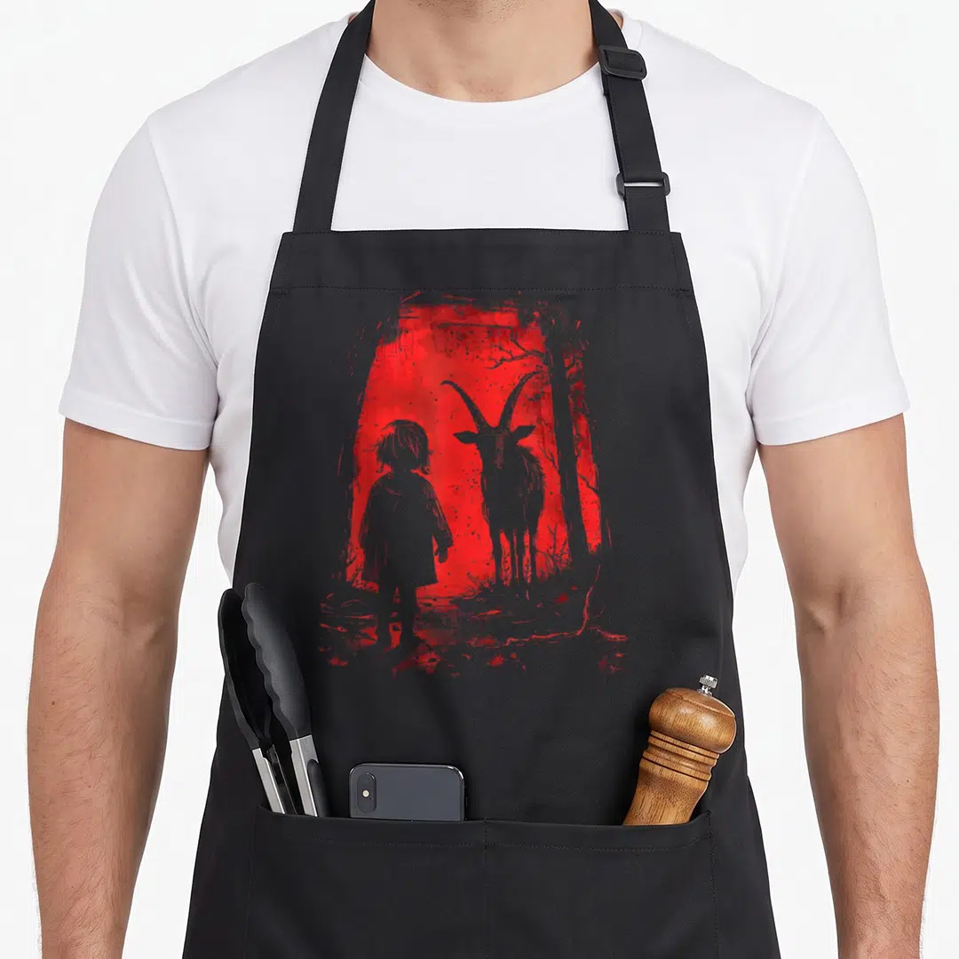 Demonic wood apron - Light grey child and horned goat silhouettes against a distressed red forest background — shown on a black cotton canvas apron against a white background