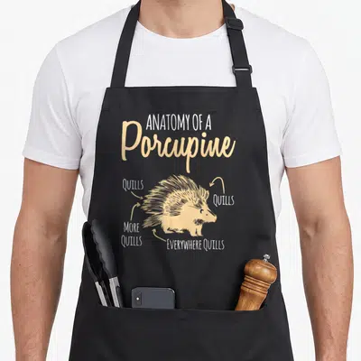 Porcupine anatomy apron - Beige cartoon porcupine with four arrows pointing to quills everywhere labels — shown on a black cotton canvas apron against a white background
