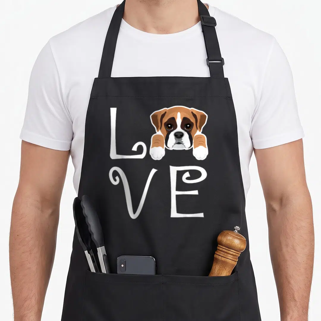 Puppy boxer dog apron - Cartoon Boxer puppy head and paws forming the O in white LOVE text — shown on a black cotton canvas apron against a white background