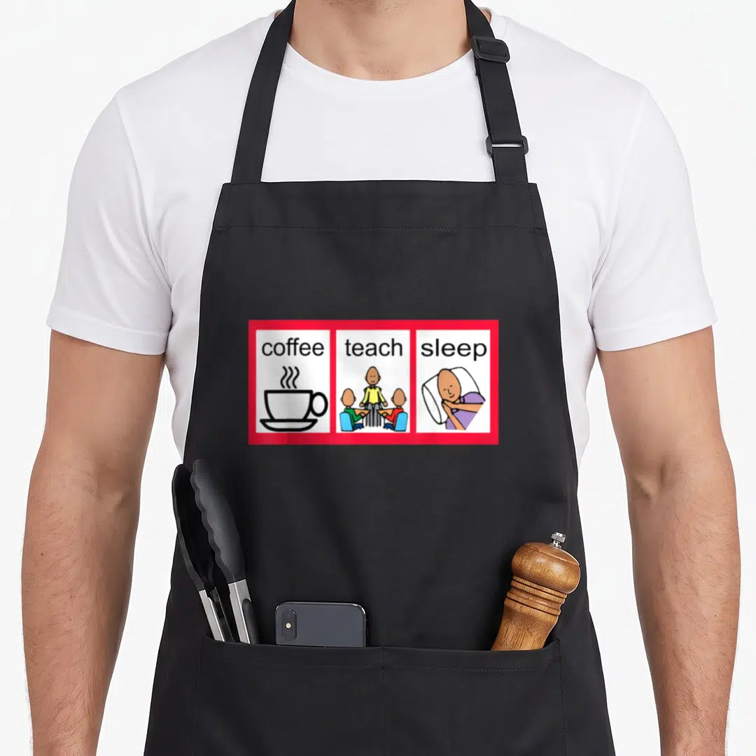 Visual special aprons - Three panels showing coffee cup, teaching scene, and sleeping figure with corresponding text — shown on a black cotton canvas apron against a white background