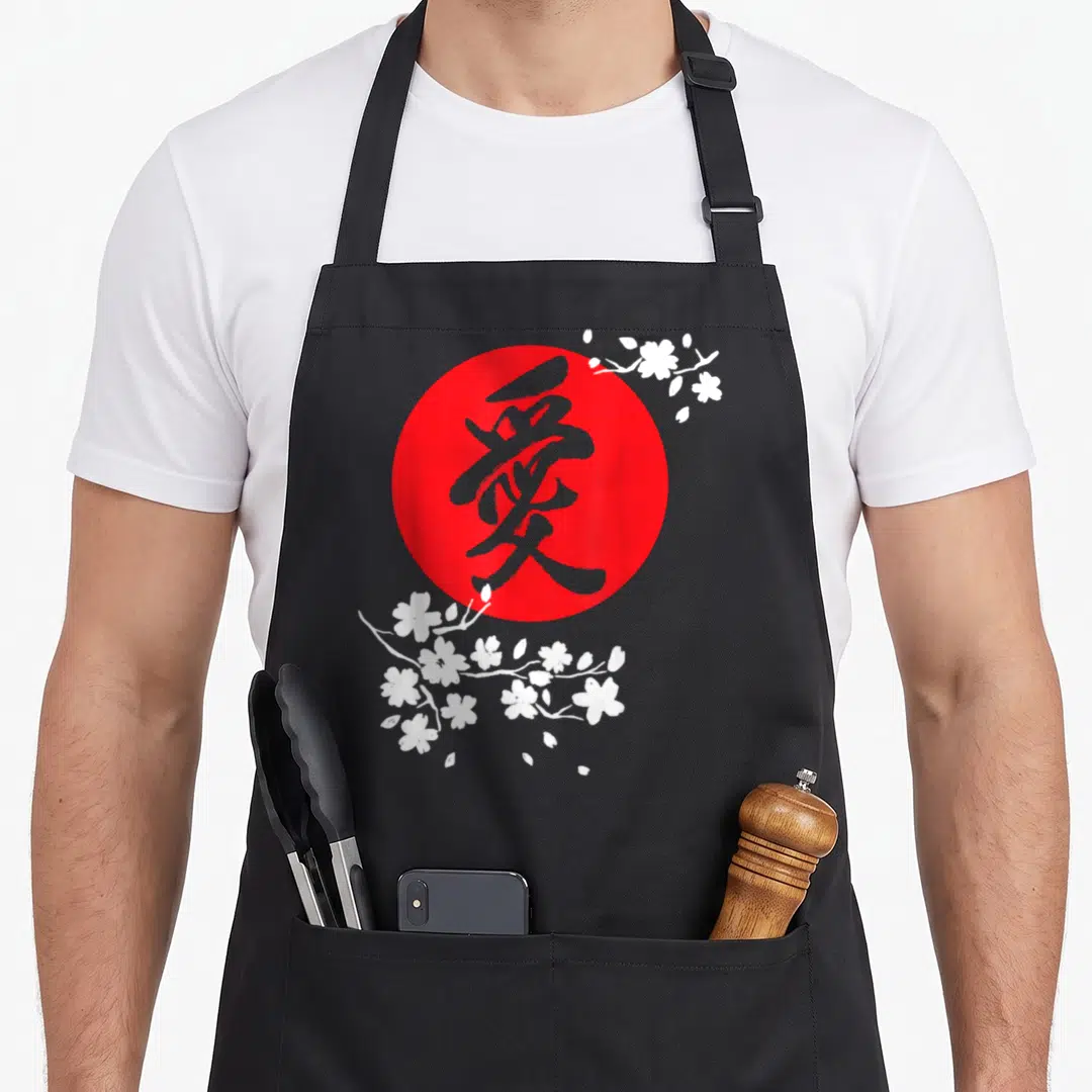 Kanji cherry print apron - Red circle with grey kanji character and white cherry blossom branches — shown on a black cotton canvas apron against a white background