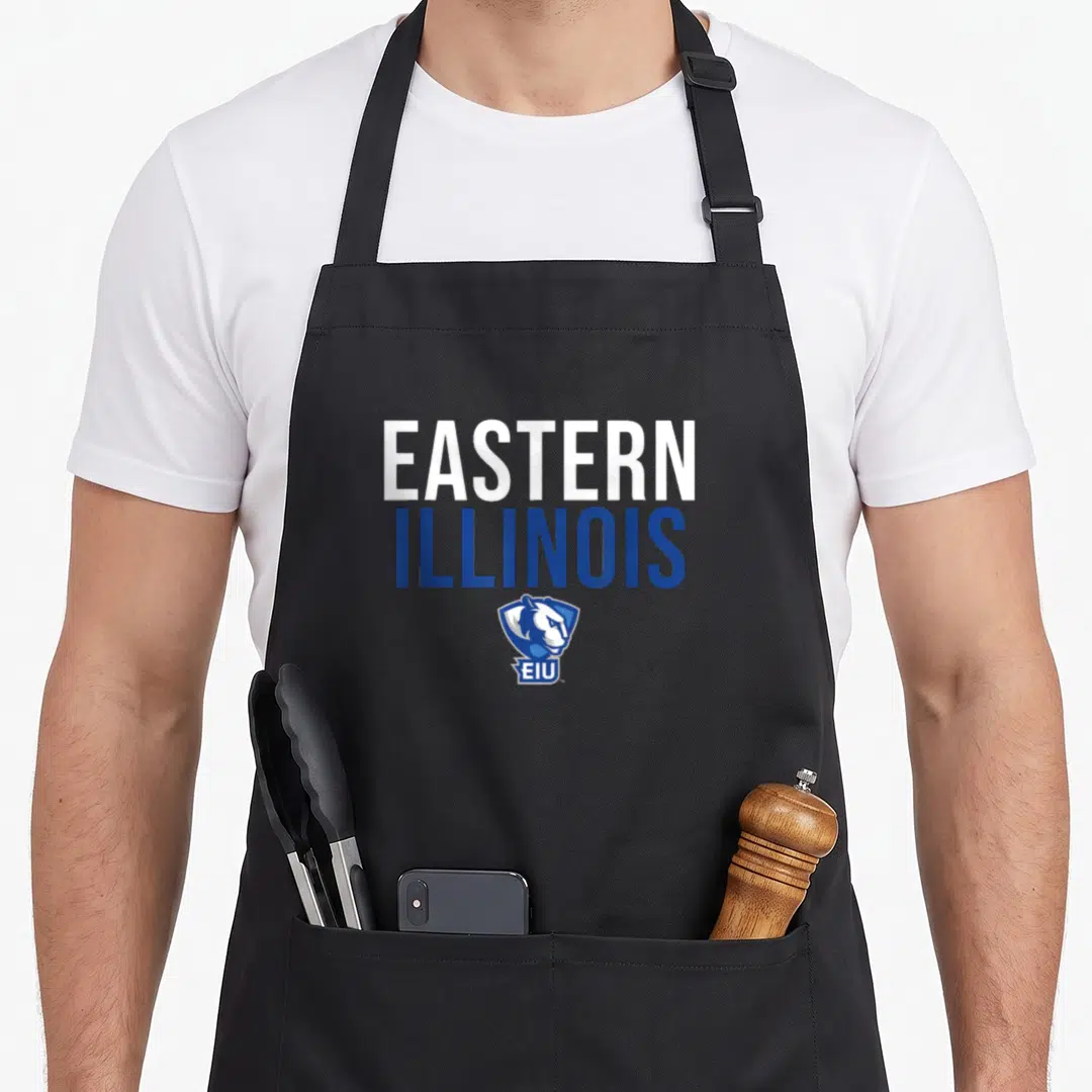 Eastern illinois university apron - Stacked Eastern Illinois EIU text and panther shield logo in blue and white — shown on a black cotton canvas apron against a white background