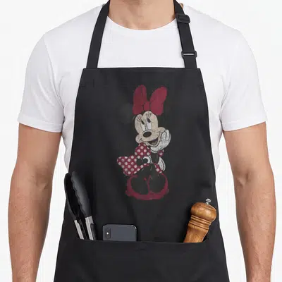 Shy friends apron - Seated Minnie Mouse in red polka dot dress and black bow, vintage cartoon style — shown on a black cotton canvas apron against a white background