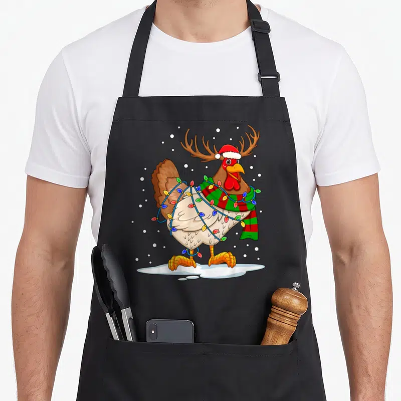 Chicken reindeer apron - Cartoon brown turkey with antlers, santa hat, striped scarf, and Christmas lights standing — shown on a black cotton canvas apron against a white background