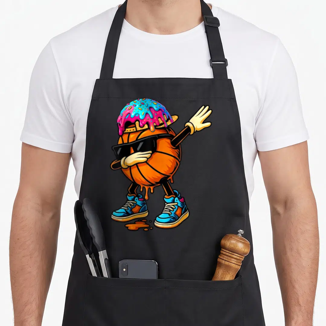 Dabbing basketball ice cream apron - Cartoon orange basketball character dabbing with sunglasses, sneakers, and pink — shown on a black cotton canvas apron against a white background