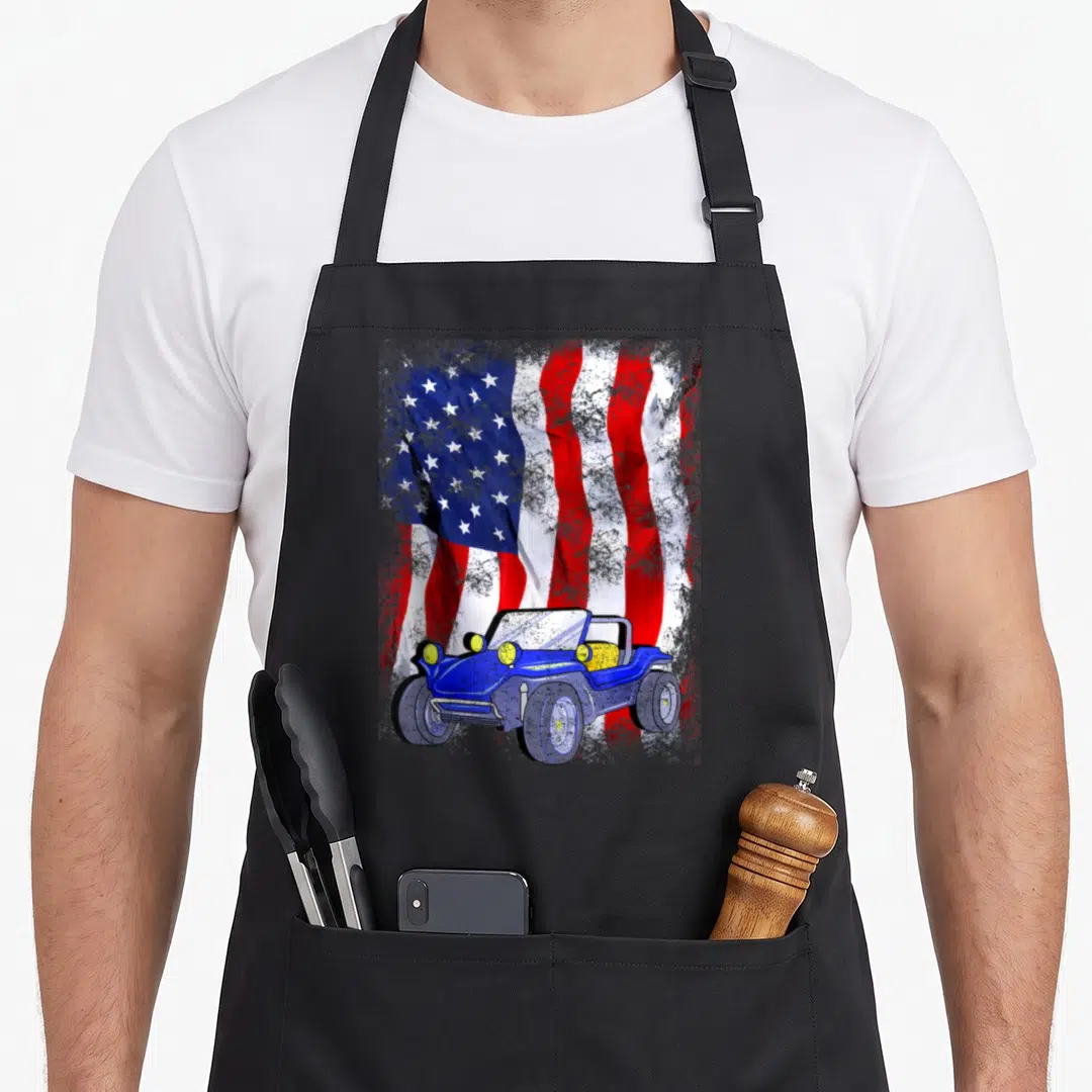 Buggy truck apron - Blue dune buggy graphic over a waving distressed American flag in red white and blue — shown on a black cotton canvas apron against a white background