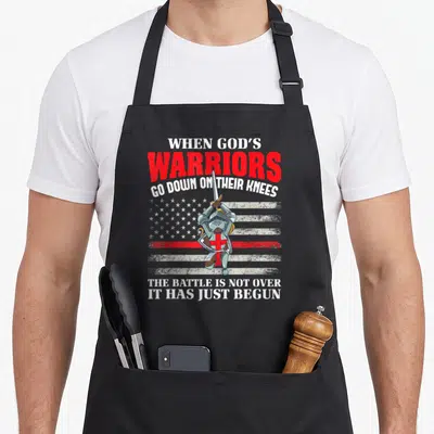 Soldier prayer apron - Kneeling knight with sword before distressed flag with red line and prayer warrior text — shown on a black cotton canvas apron against a white background