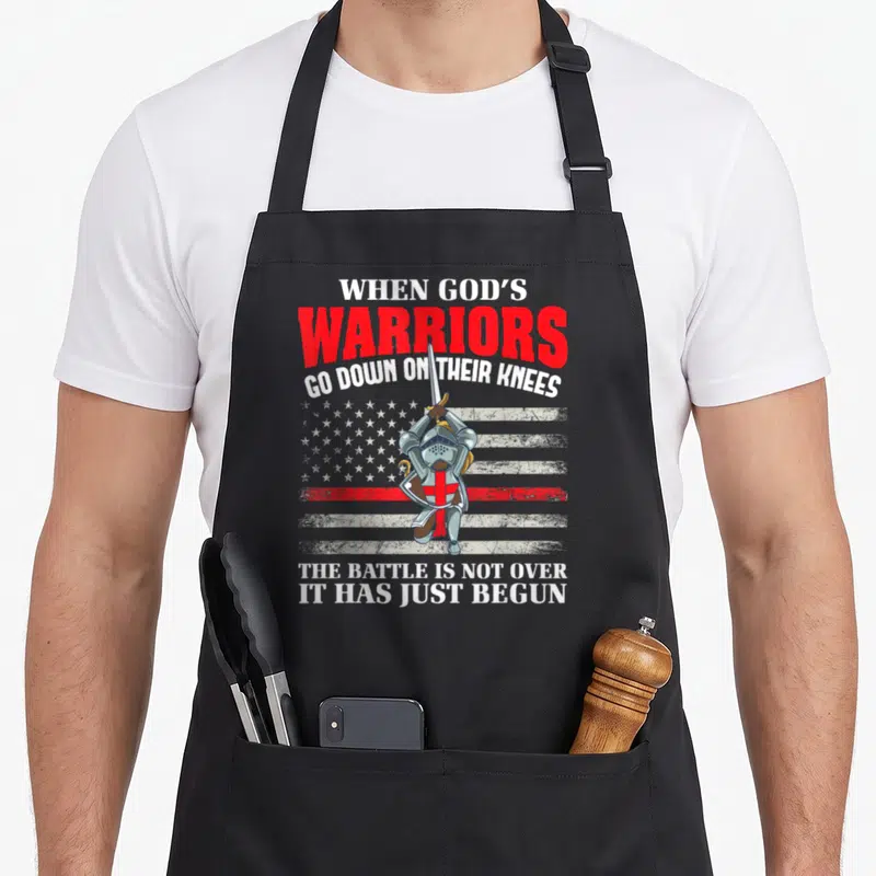 Soldier prayer apron - Kneeling knight with sword before distressed flag with red line and prayer warrior text — shown on a black cotton canvas apron against a white background