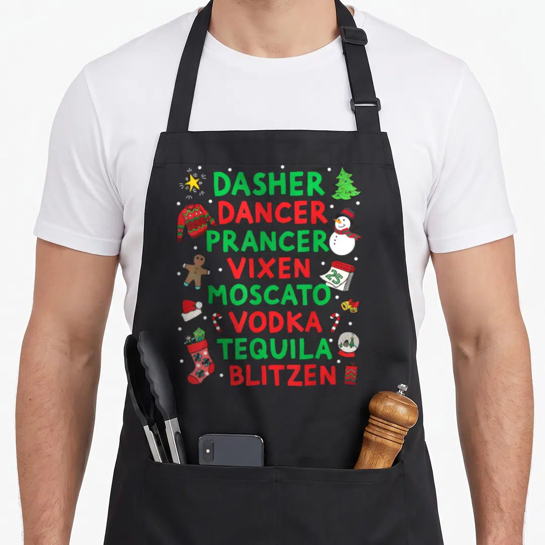 Prancer moscato apron - Stacked text Dasher Dancer Vixen Moscato Vodka Tequila Blitzen surrounded by snowman sweater — shown on a black cotton canvas apron against a white background