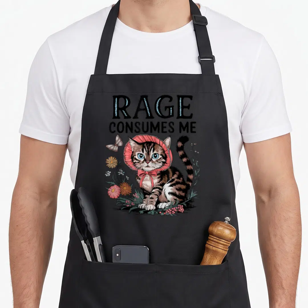 Consume cat apron - RAGE CONSUMES ME text above a cat wearing a pink bonnet and red bow amidst flowers — shown on a black cotton canvas apron against a white background