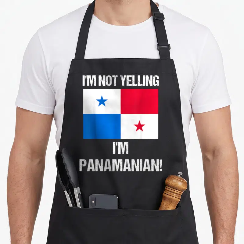 Yelling country apron - Distressed text I'm not yelling I'm Panamanian above and below the Panama flag in white red — shown on a black cotton canvas apron against a white background