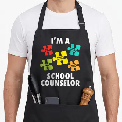 School counselor teacher apron - I'm a School Counselor text with five colorful puzzle pieces listing duties like tear — shown on a black cotton canvas apron against a white background