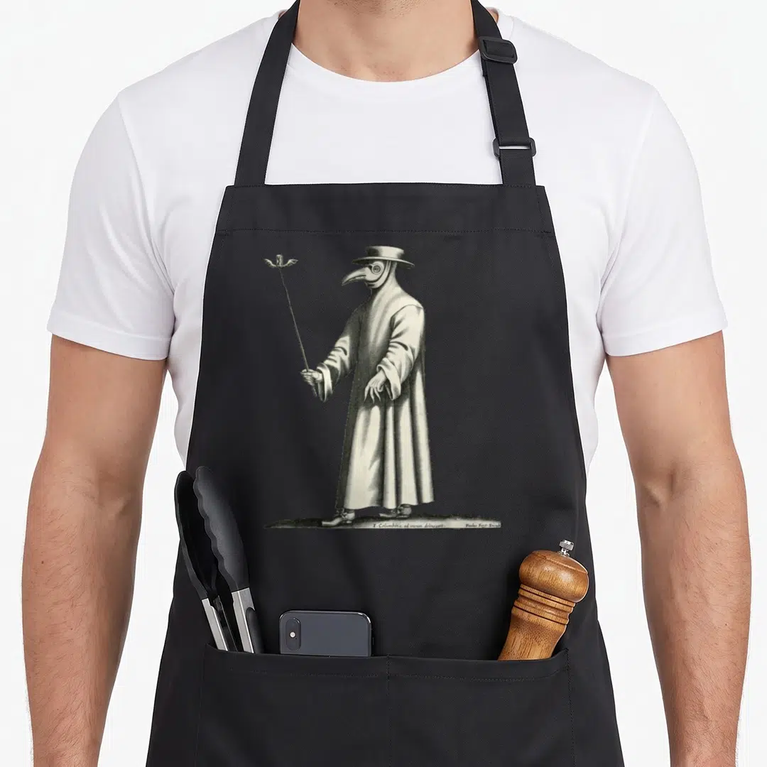 Plague medieval apron - Line art of a plague doctor with beaked mask holding a winged hourglass cane standing on ground — shown on a black cotton canvas apron against a white background