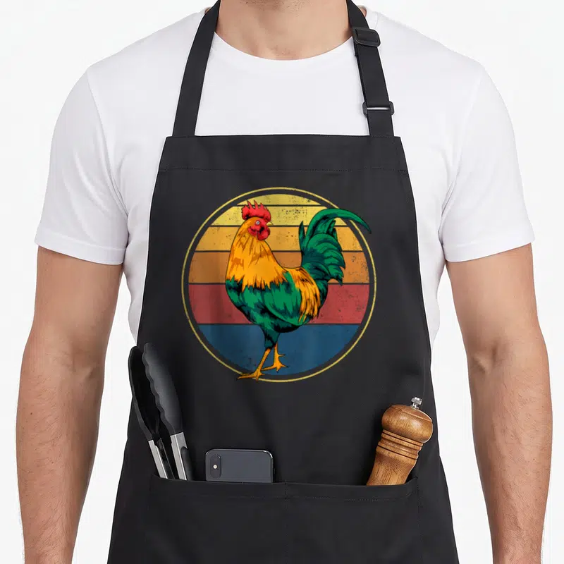 Cute rooster apron - Cartoon rooster standing before yellow green red and blue horizontal stripes inside a circle — shown on a black cotton canvas apron against a white background