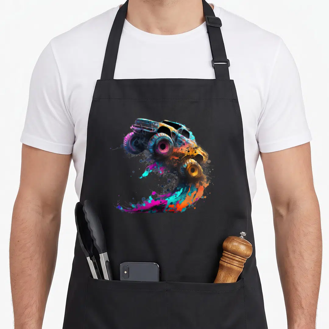 Airborne truck apron - Monster truck jumping over blue magenta orange yellow watercolor paint splashes — shown on a black cotton canvas apron against a white background