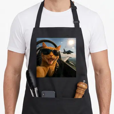 Jet funny cat apron - Orange cat wearing black sunglasses taking a selfie in a jet cockpit with another plane — shown on a black cotton canvas apron against a white background
