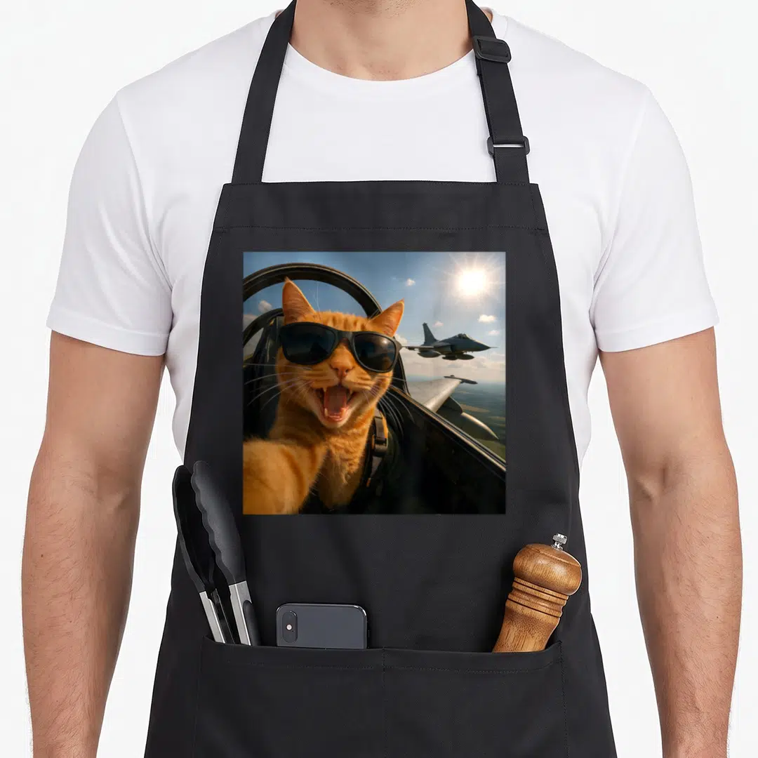 Jet funny cat apron - Orange cat wearing black sunglasses taking a selfie in a jet cockpit with another plane — shown on a black cotton canvas apron against a white background