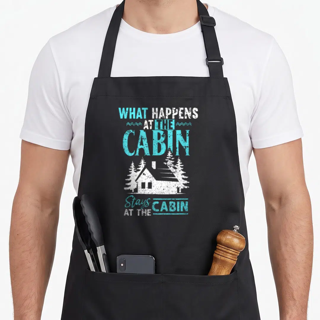 Happen cabin apron - Teal and white text reading What Happens at the Cabin Stays around a distressed cabin and pine — shown on a black cotton canvas apron against a white background
