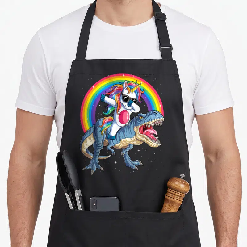 Dabbing dinosaur apron - Cartoon white unicorn with rainbow mane dabbing on blue T-Rex under rainbow arch — shown on a black cotton canvas apron against a white background