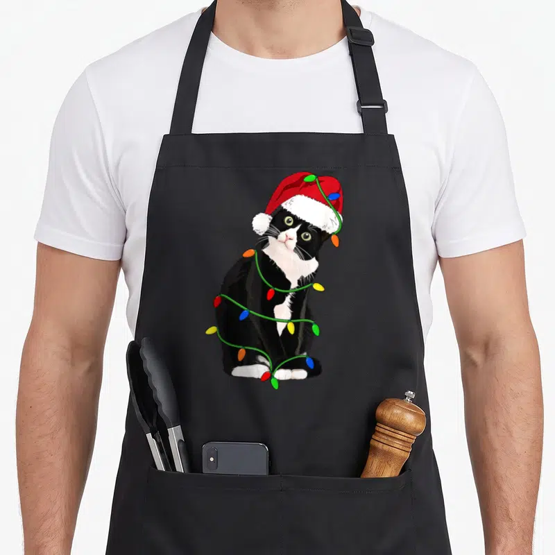 Meow tuxedo apron - Cartoon tuxedo cat in red santa hat wrapped in green string lights with multicolored bulbs — shown on a black cotton canvas apron against a white background