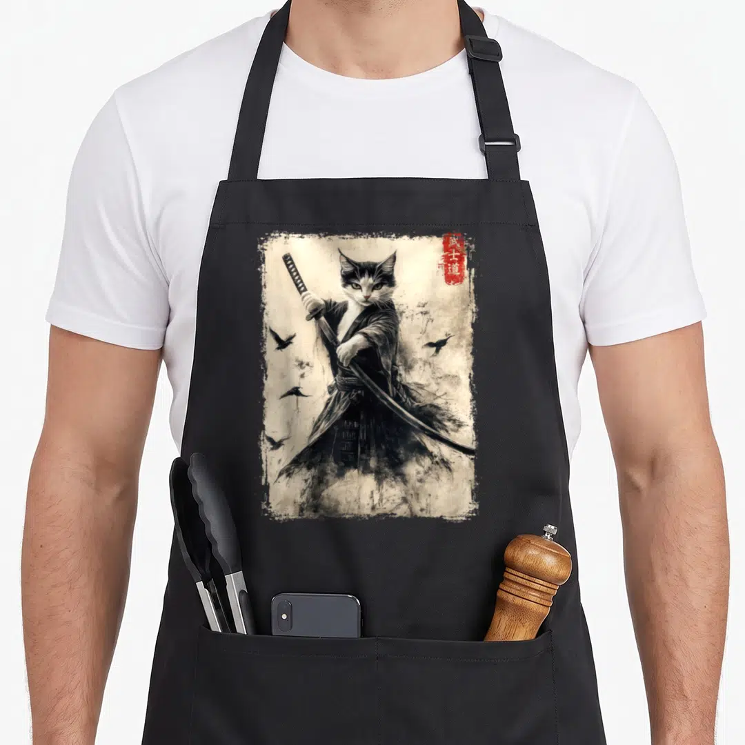 Warrior cat apron - Realistic cat dressed as samurai holding katana with four birds and red kanji seal on beige — shown on a black cotton canvas apron against a white background