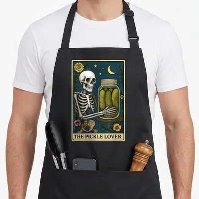 Tarot pickle apron - Skeleton holding pickle jar under moon and stars with text THE PICKLE LOVER — shown on a black cotton canvas apron against a white background