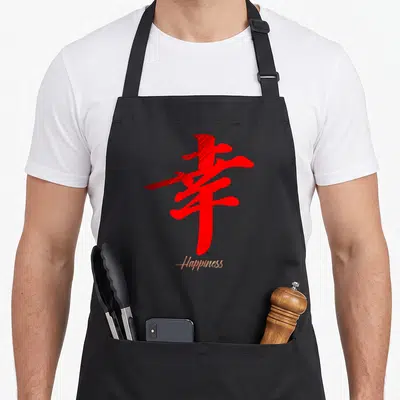 Kanji japan apron - Red kanji character above orange Happiness script on black background — shown on a black cotton canvas apron against a white background